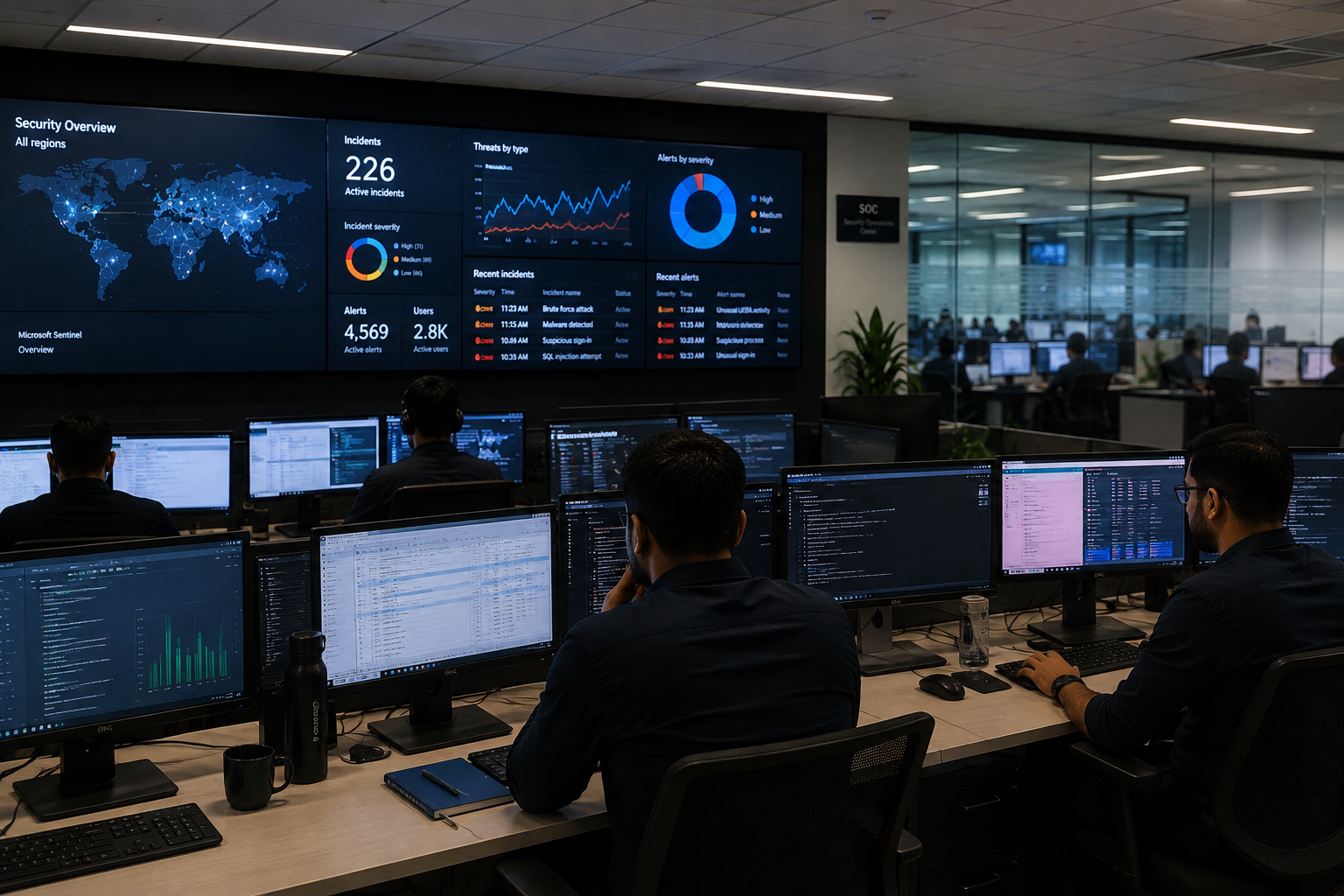 Security Operations Center screens showing network data